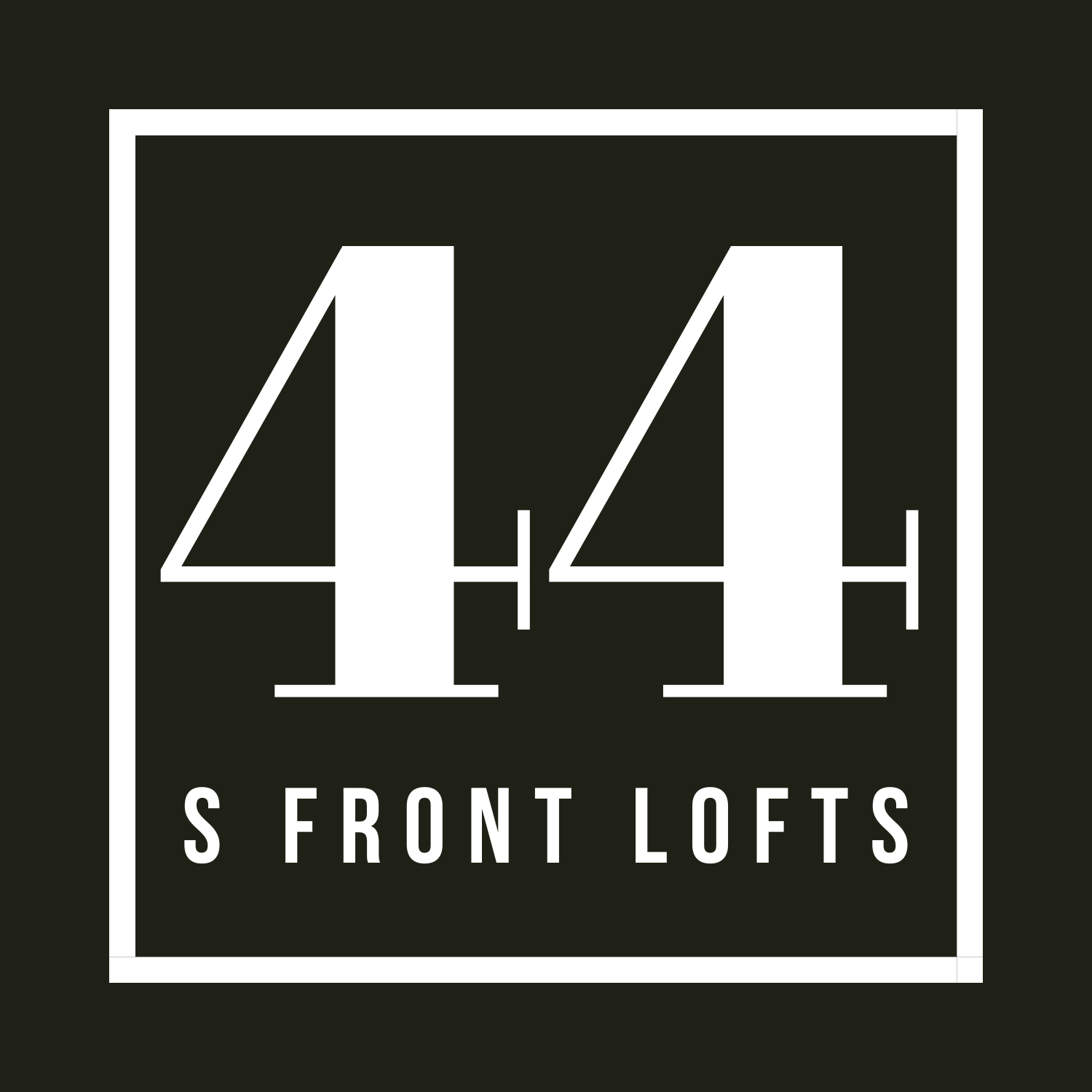 A black and white image of the number 44 with the words "S Front Lofts" below it.
